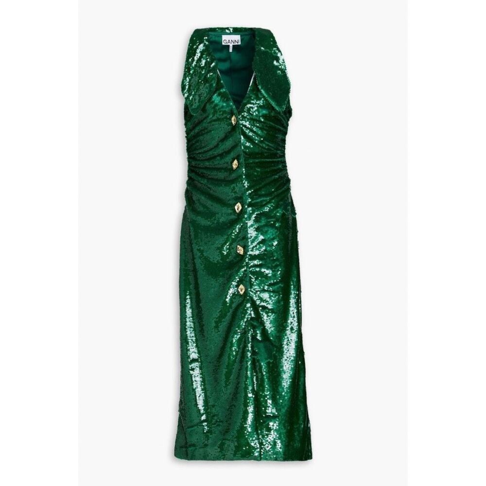 NWT Ganni Kelly Green Sequin Halter Midi Dress Ruched Jewel Button Party 36 US 4 - Picture 2 of 10